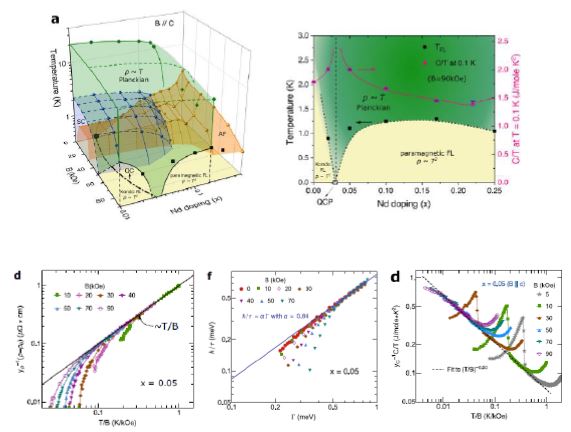 Top Figure: Finite temperature phase diagrams of the rare-earth heavy-fermion superconductor Ce1-xNdxCoIn5 as functions of magnetic fields and Nd doping (Top Left) and as a function of Nd doping at a fixed magnetic field (Top Right). Bottom Figure: The Planckian strange metal state showing quantum critical behaviors in electrical resistivity (Bottom Left), electron scattering rate (Bottom Middle), and specific heat coefficient (Bottom Right).