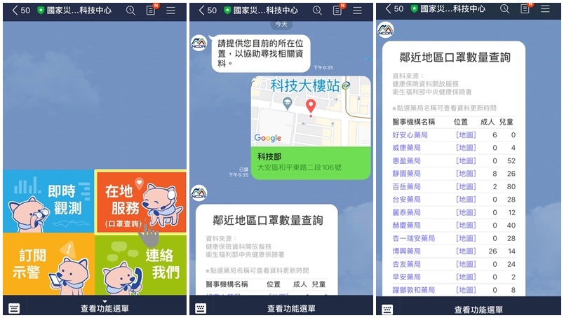 國家災害防救科技中心LINE官方帳號之新增口罩在地資訊