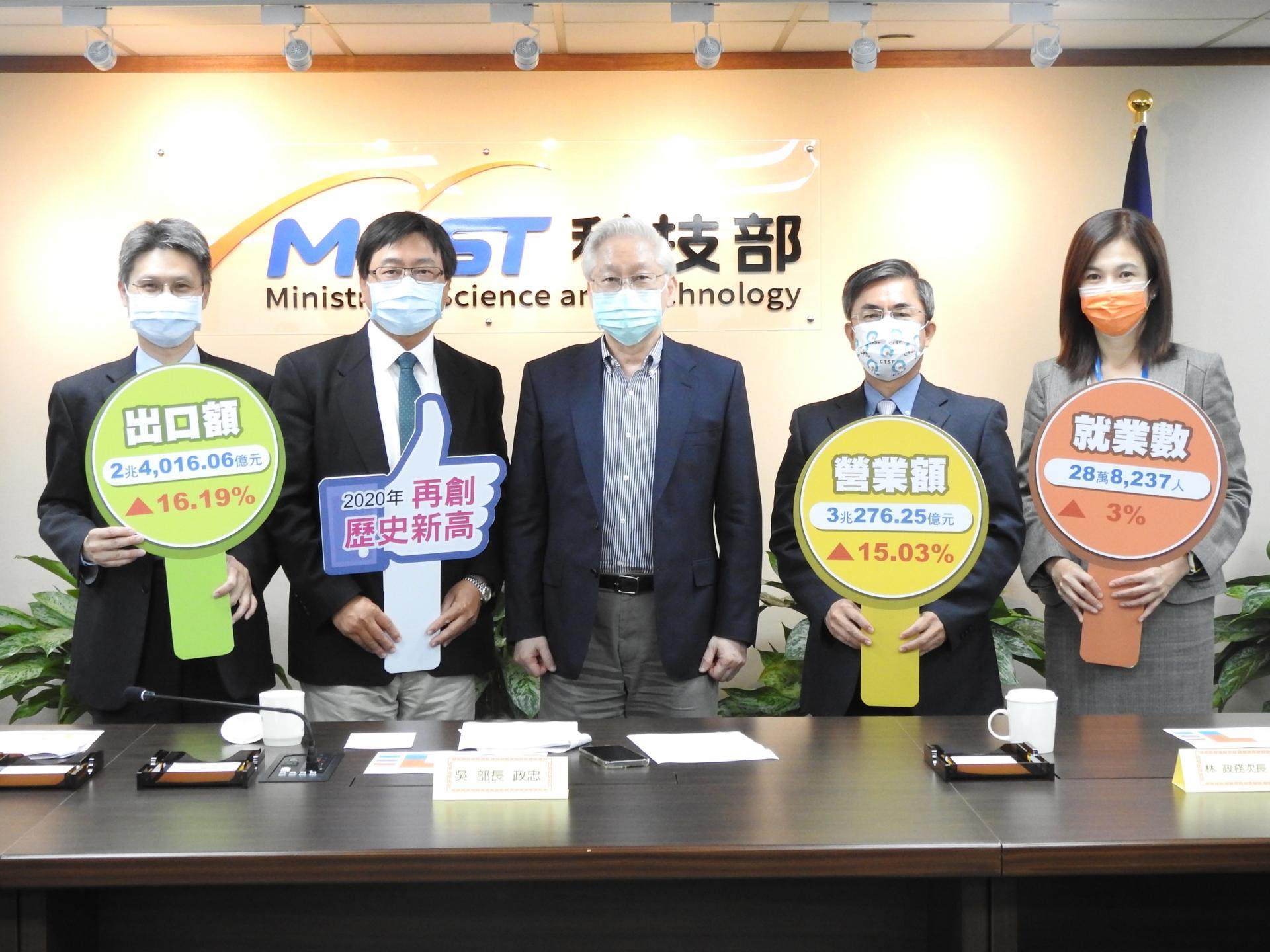 合影左起為南科蘇振綱局長、竹科王永壯局長、科技部吳政忠部長、中科許茂新局長、產學園區司許增如司長